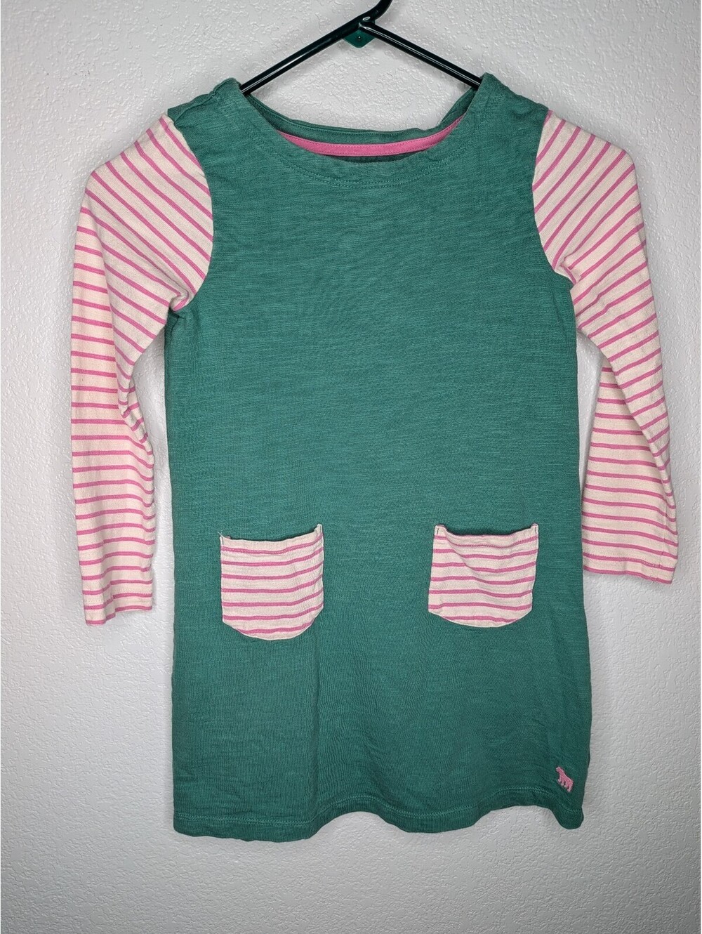 Mini Boden Girls Green Pink Striped Long Sleeve Pocket Dress Size 7-8Y